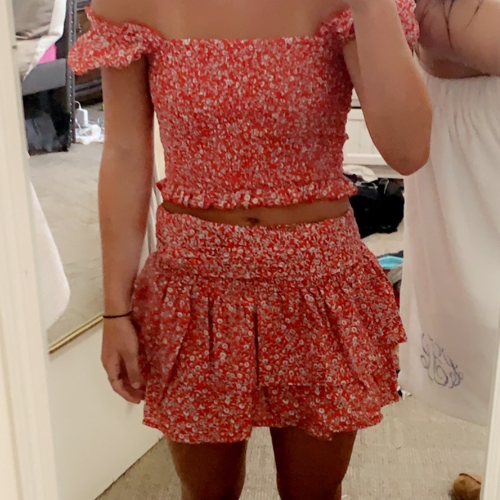 Red flower print smocked set wrap skirt